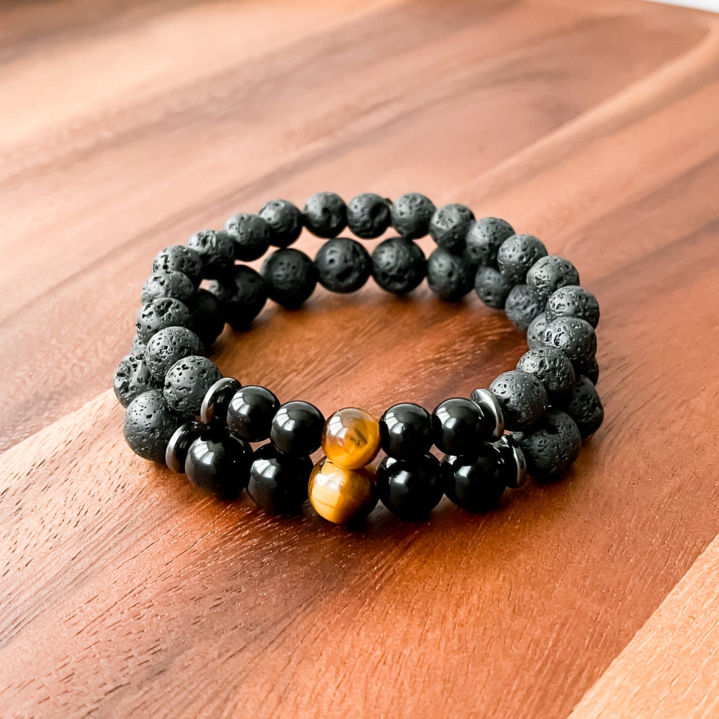 VI. Lava Stone, Black Obsidian and Tiger Eye Bead Bracelet