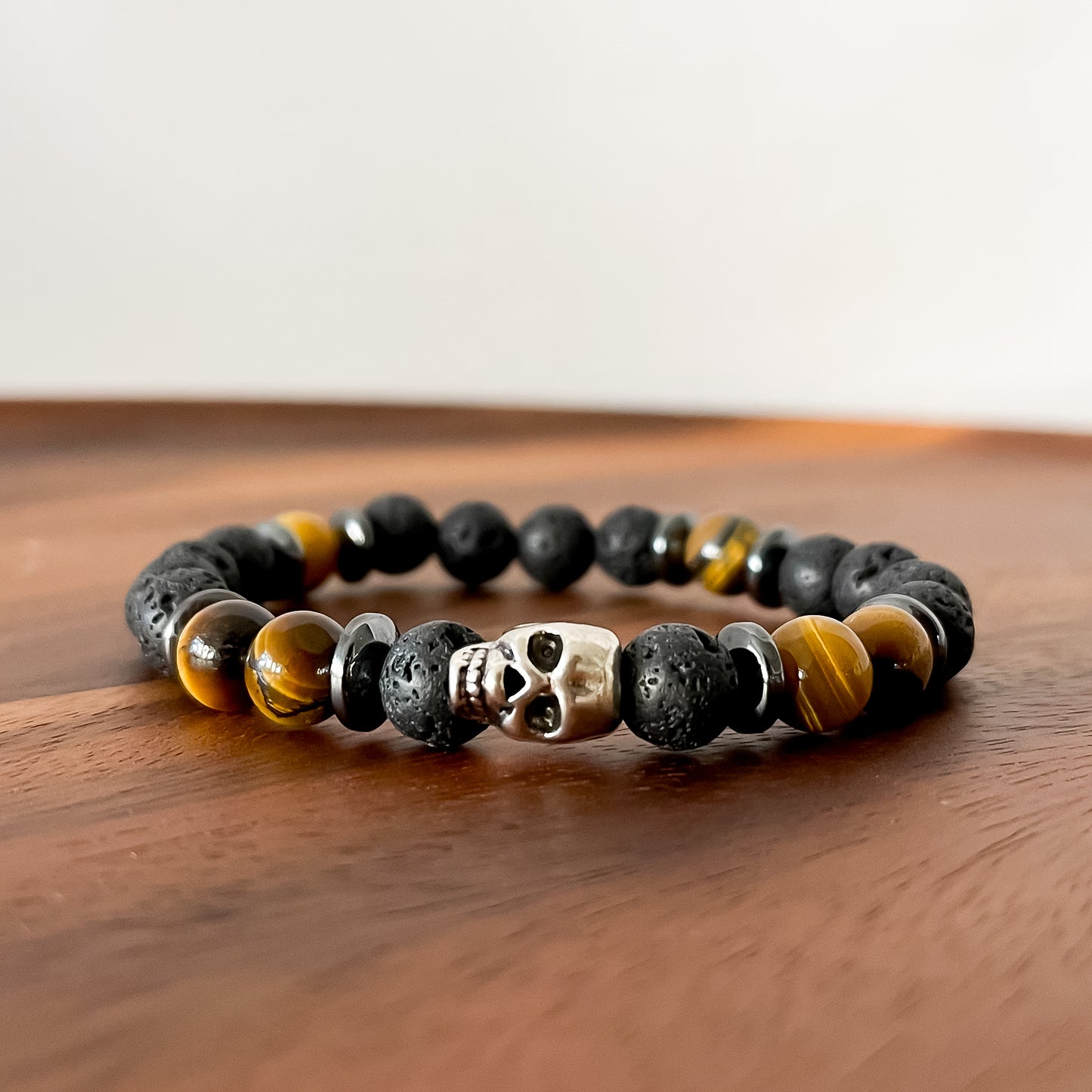 XV. Skull, Lava, Yellow Tiger Eye Bead Bracelet