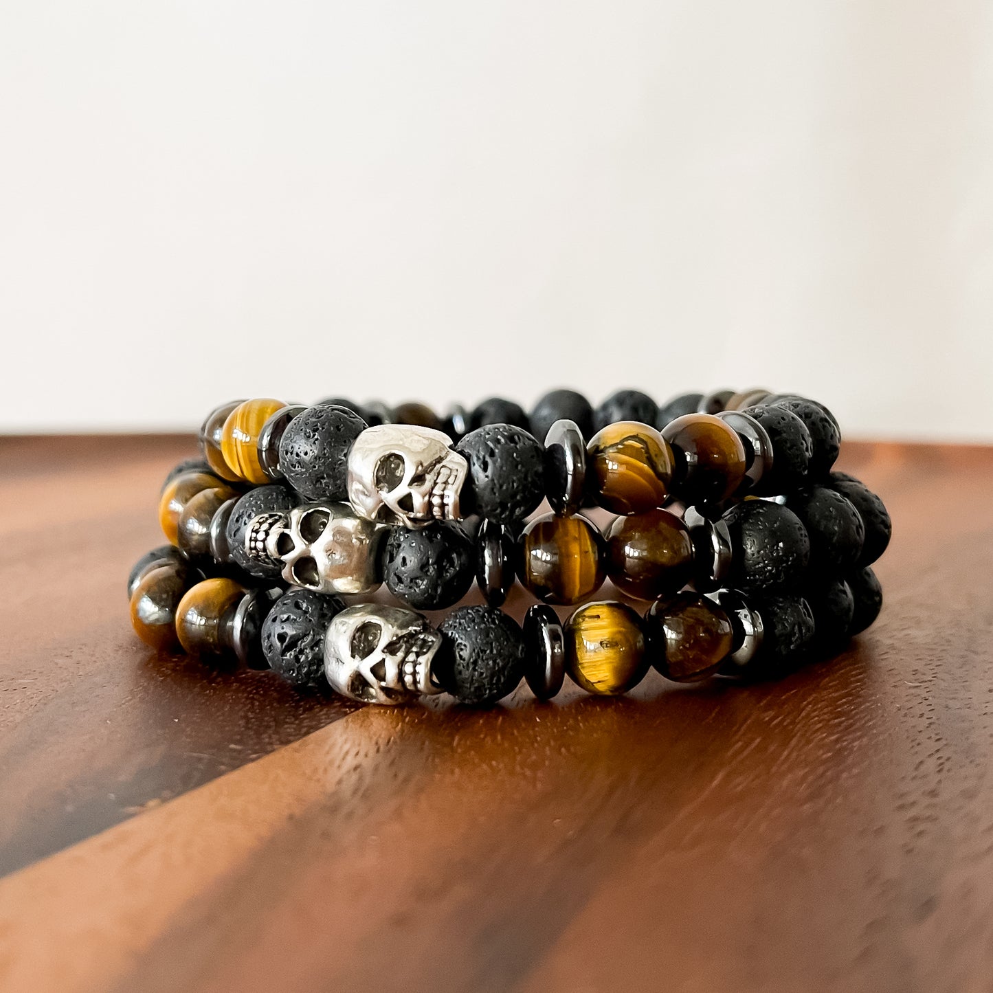 XV. Skull, Lava, Yellow Tiger Eye Bead Bracelet