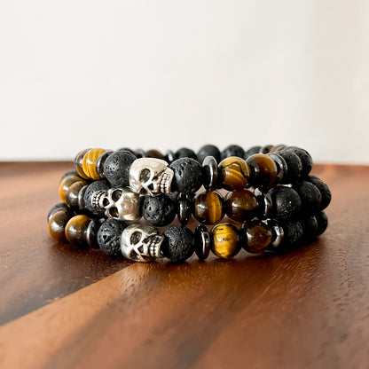 XV. Skull, Lava, Yellow Tiger Eye Bead Bracelet