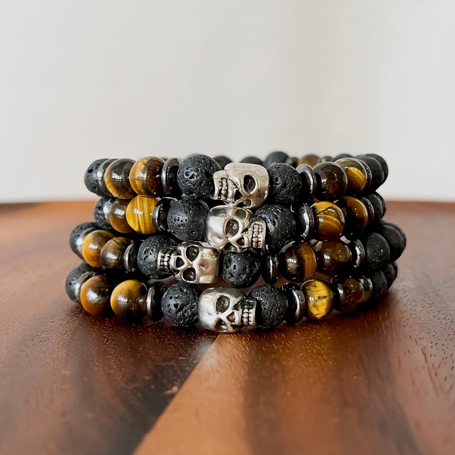 XV. Skull, Lava, Yellow Tiger Eye Bead Bracelet