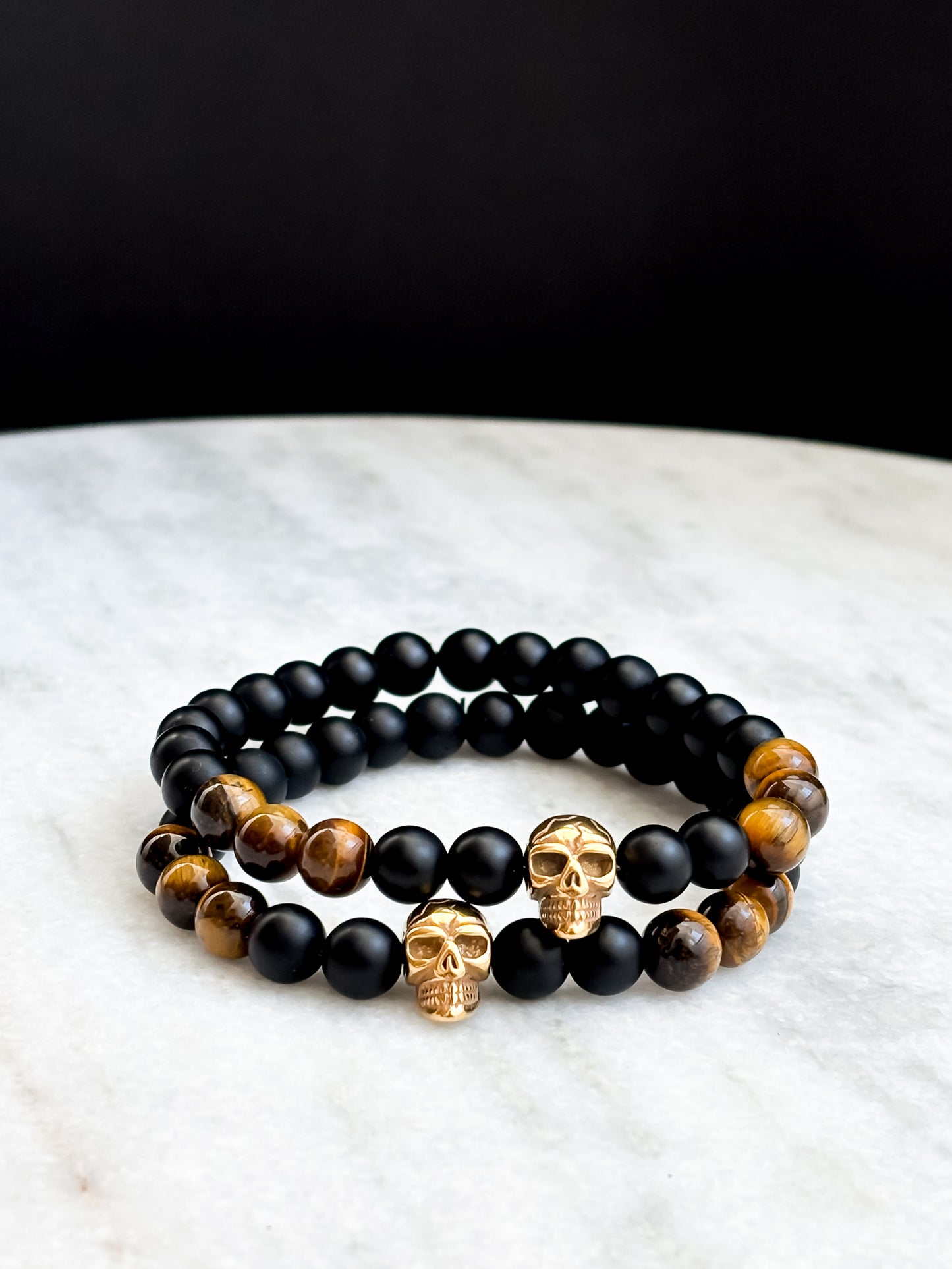 XXII. Onyx, Tiger Eye & Gold Skull Bracelet