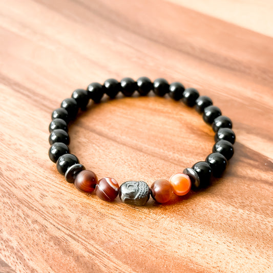 VIII. Shiny Black Obsidian, Brown Striped Agate and Hematite Buddha