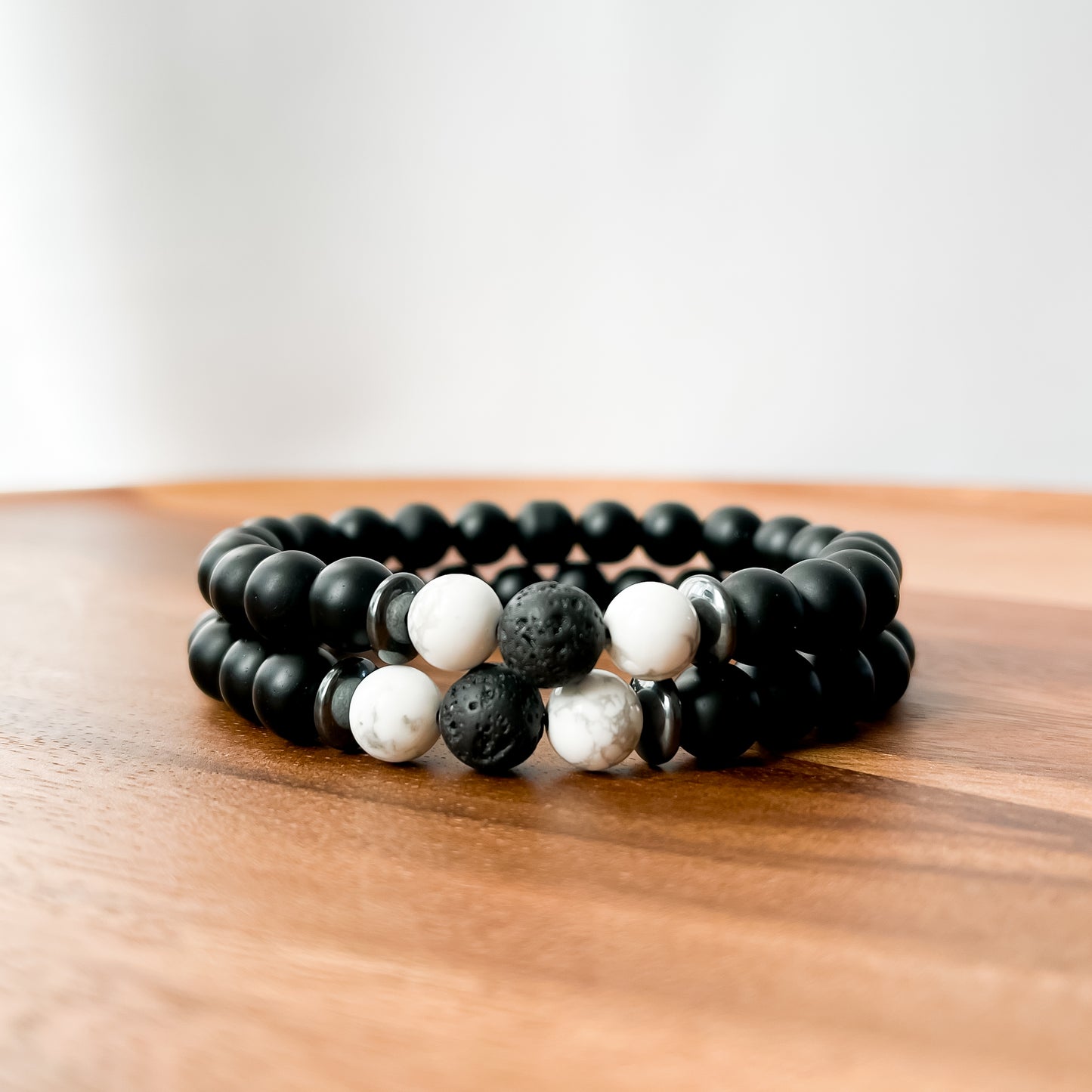 V. Matte Black Onyx, White Howlite, Lava and Hematite Bracelet