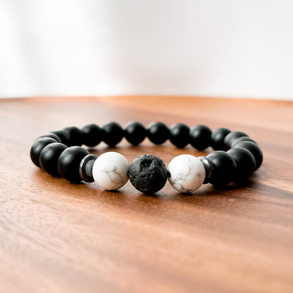 V. Matte Black Onyx, White Howlite, Lava and Hematite Bracelet