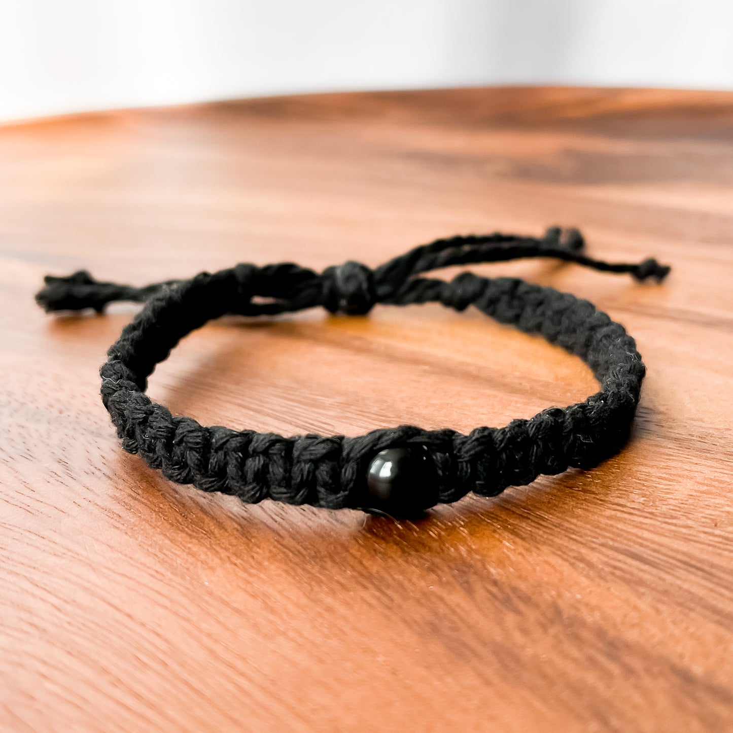 X. Macrame Bracelet with Shiny Black Obsidian