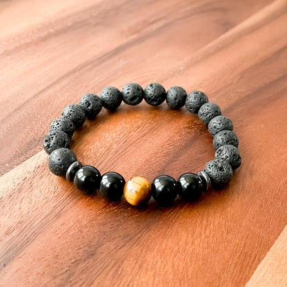 VI. Lava Stone, Black Obsidian and Tiger Eye Bead Bracelet