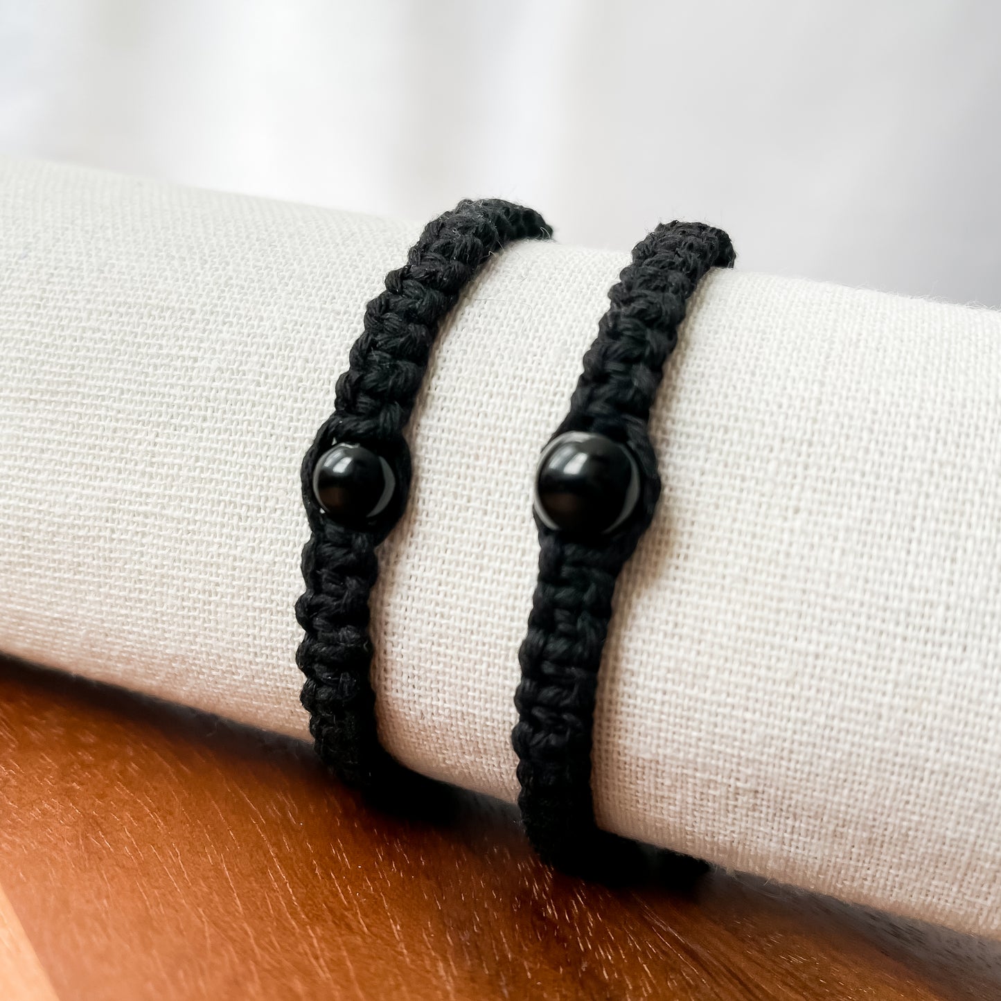 X. Macrame Bracelet with Shiny Black Obsidian