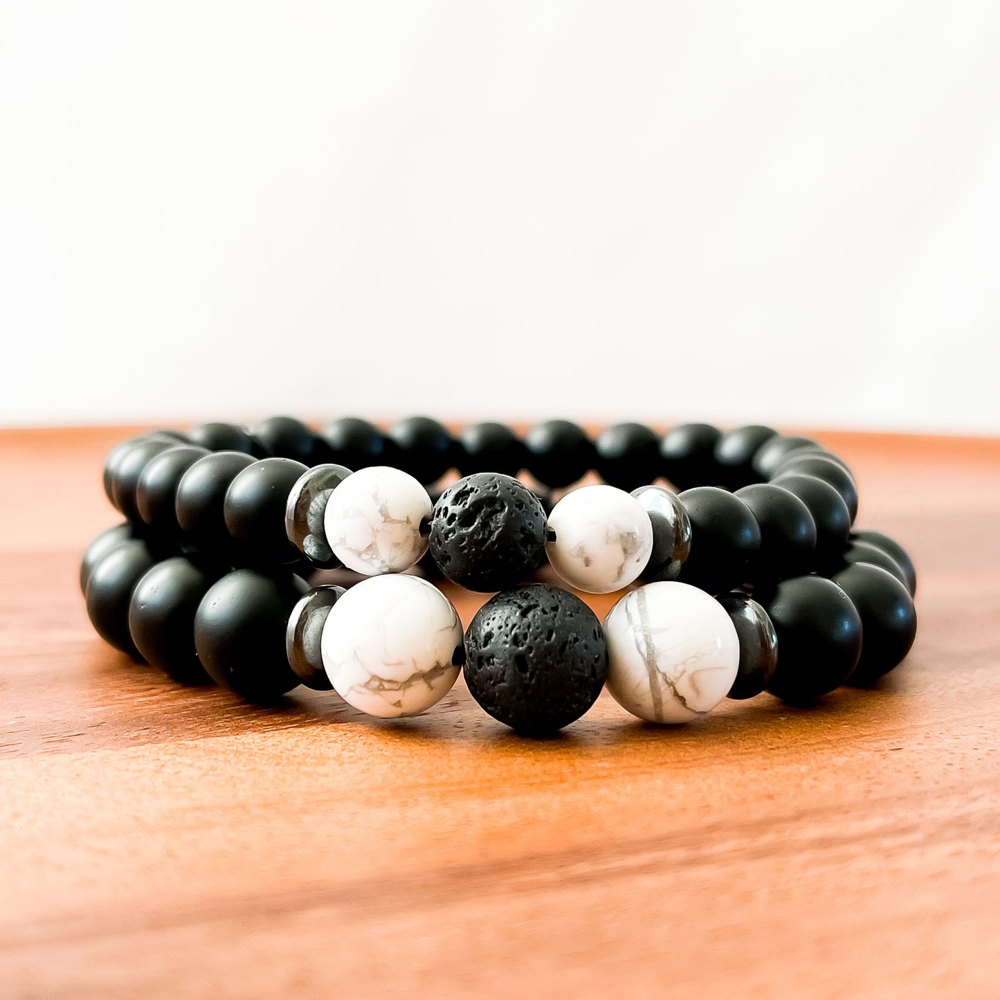 V. Matte Black Onyx, White Howlite, Lava and Hematite Bracelet