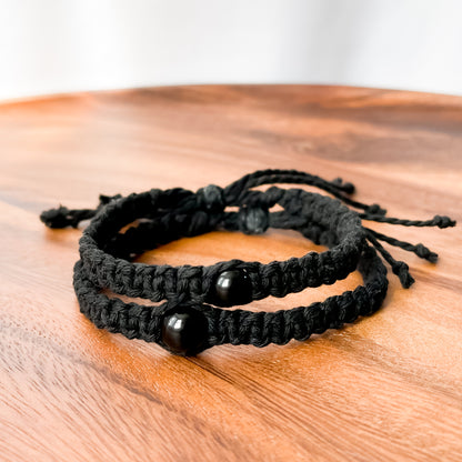 X. Macrame Bracelet with Shiny Black Obsidian