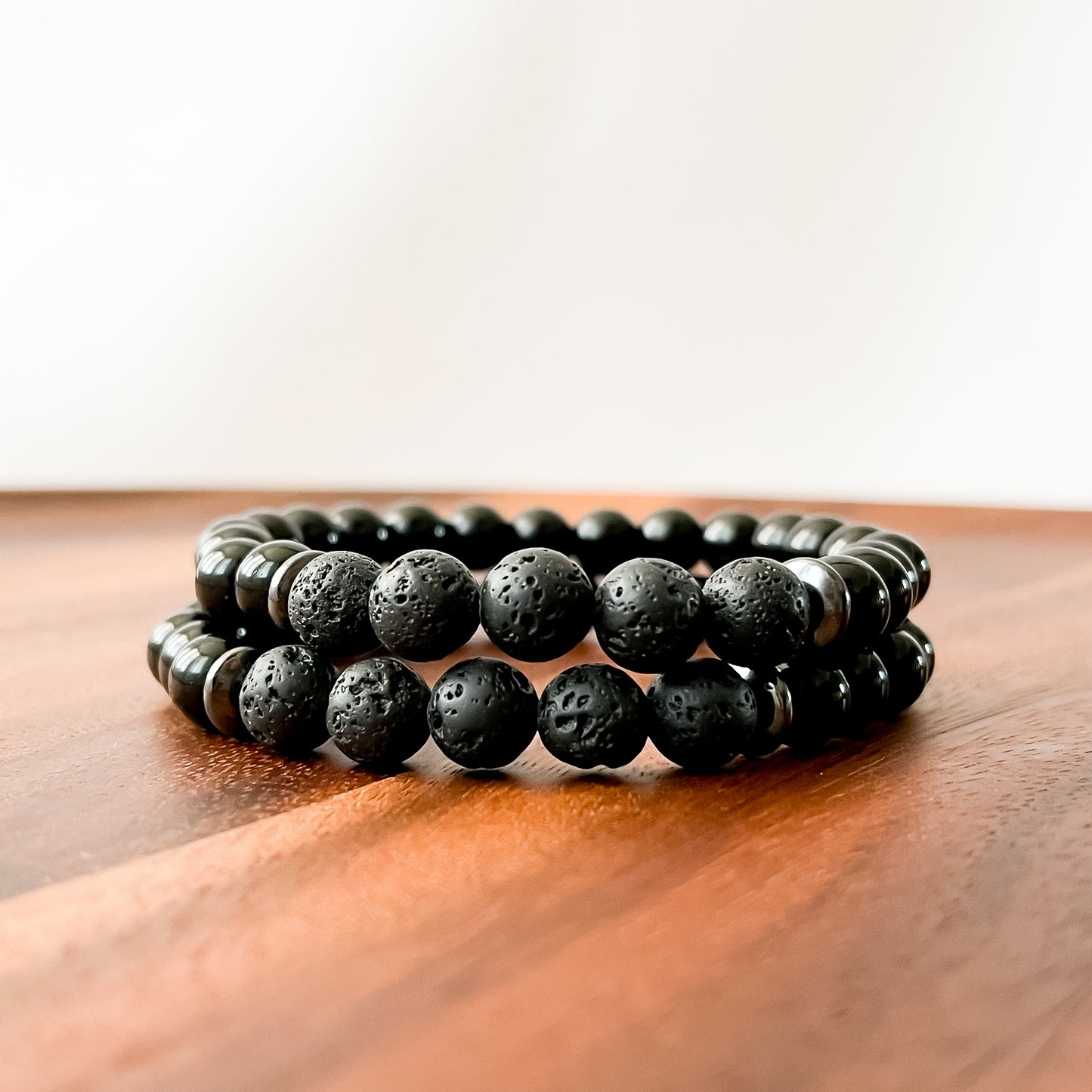 IX. Shiny Black Obsidian, Hematite and Lava Stone Bead Bracelet