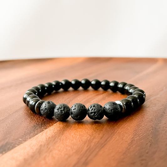 IX. Shiny Black Obsidian, Hematite and Lava Stone Bead Bracelet