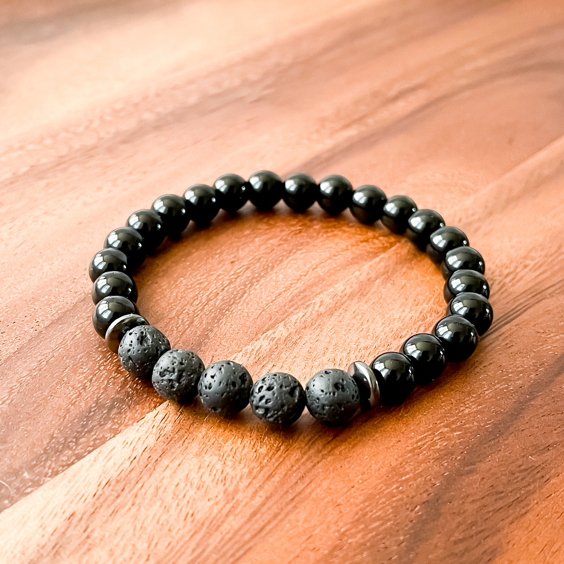 Shiny Black Obsidian, Hematite and Lava Stone Bead Bracelet