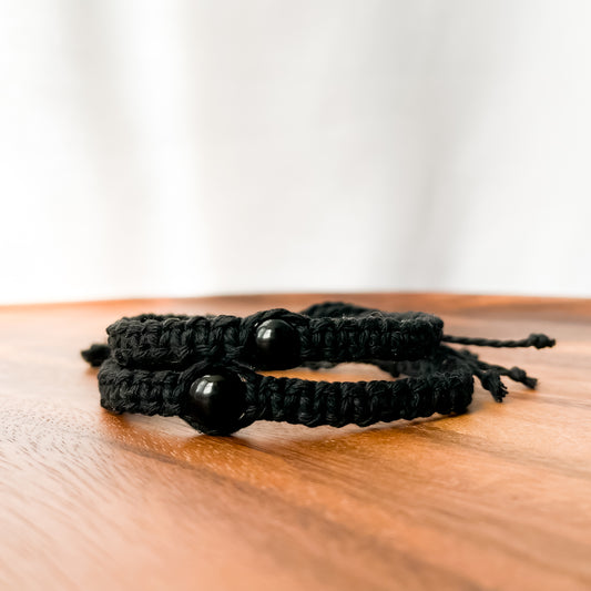 X. Macrame Bracelet with Shiny Black Obsidian