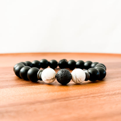 V. Matte Black Onyx, White Howlite, Lava and Hematite Bracelet