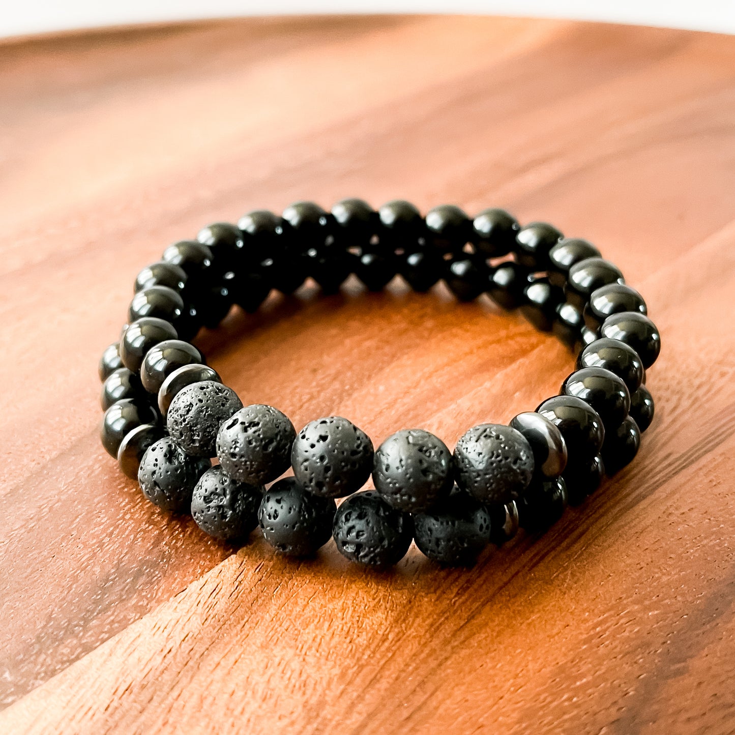 IX. Shiny Black Obsidian, Hematite and Lava Stone Bead Bracelet